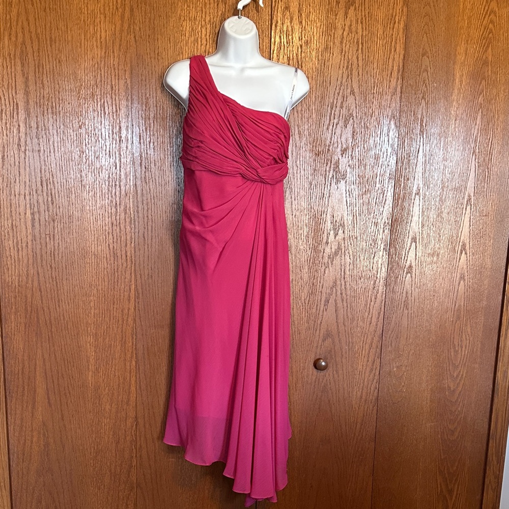 David's Bridal One-Shoulder Draped Evening Dress color: watermelon